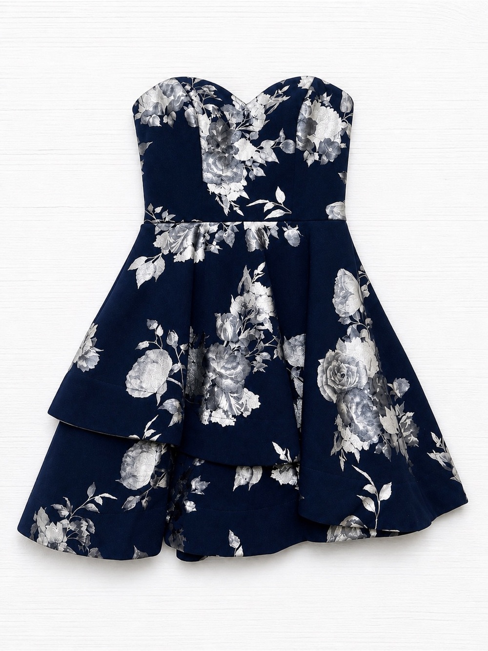 B Darlin Navy Silver Floral Strapless Fit Flare Homecoming Dress Juniors 5/6